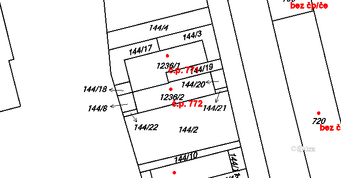 Prštné 772, Zlín na parcele st. 1236/2 v KÚ Prštné, Katastrální mapa