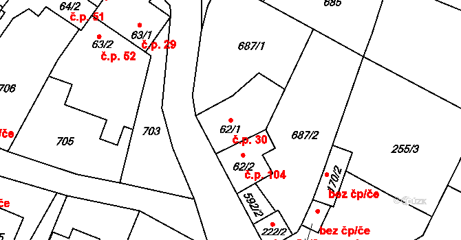 Vilémov 30, Humpolec na parcele st. 62/1 v KÚ Vilémov u Humpolce, Katastrální mapa