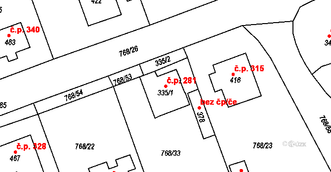 Merklín 281 na parcele st. 335/1 v KÚ Merklín u Přeštic, Katastrální mapa