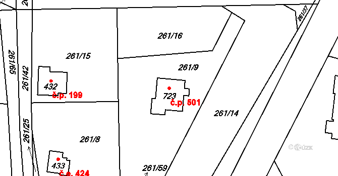 Černolice 501 na parcele st. 723 v KÚ Černolice, Katastrální mapa