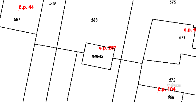 Děhylov 257 na parcele st. 848/43 v KÚ Děhylov, Katastrální mapa