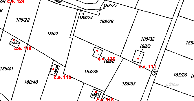Hruškové Dvory 113, Jihlava na parcele st. 188/6 v KÚ Hruškové Dvory, Katastrální mapa