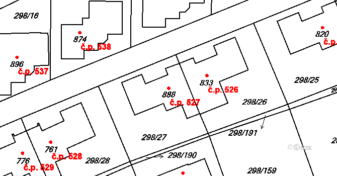 Horoměřice 527 na parcele st. 888 v KÚ Horoměřice, Katastrální mapa