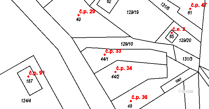 Vohančice 33 na parcele st. 44/1 v KÚ Vohančice, Katastrální mapa