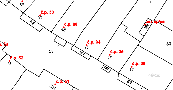 Dražůvky 34 na parcele st. 12 v KÚ Dražůvky, Katastrální mapa