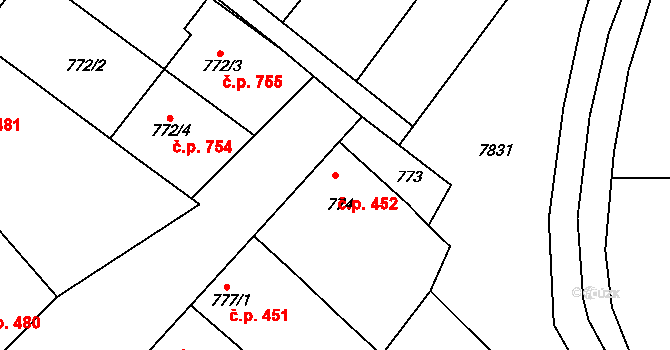 Šardice 452 na parcele st. 774 v KÚ Šardice, Katastrální mapa