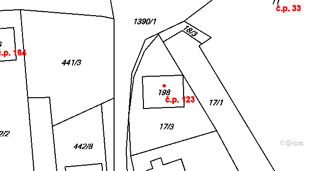 Hybrálec 123 na parcele st. 198 v KÚ Hybrálec, Katastrální mapa