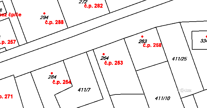 Veltruby 253 na parcele st. 264 v KÚ Veltruby, Katastrální mapa