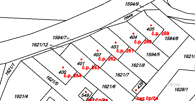 Břilice 262, Třeboň na parcele st. 402 v KÚ Břilice, Katastrální mapa