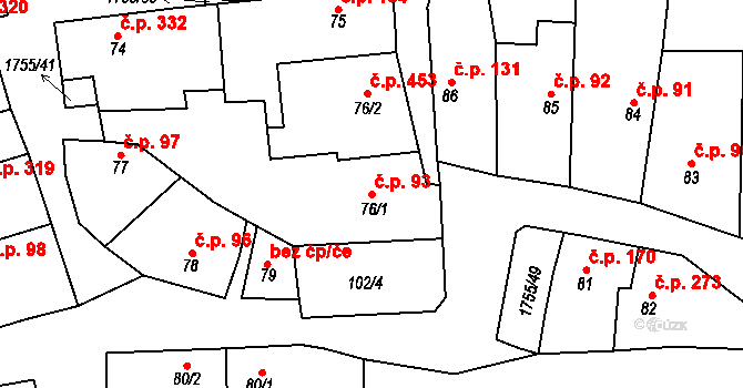 Libochovice 93 na parcele st. 76/1 v KÚ Libochovice, Katastrální mapa