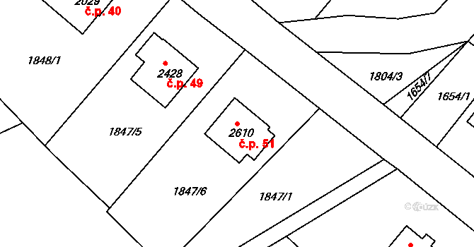 Sedličky 51, Jičín na parcele st. 2610 v KÚ Jičín, Katastrální mapa