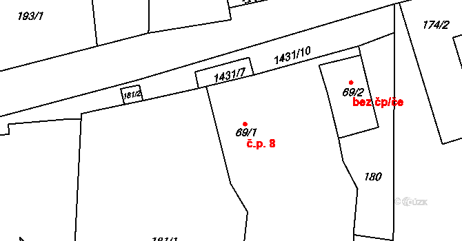Široký Důl 8 na parcele st. 69/1 v KÚ Široký Důl, Katastrální mapa