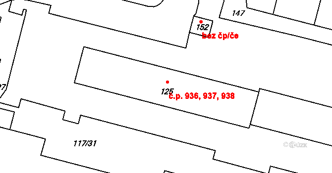 Borovina 936,937,938, Třebíč na parcele st. 125 v KÚ Řípov, Katastrální mapa