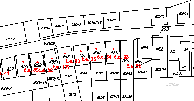 Chvalovice 34 na parcele st. 930 v KÚ Chvalovice, Katastrální mapa