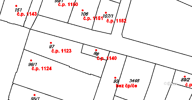 Nový Bydžov 1140 na parcele st. 98 v KÚ Nový Bydžov, Katastrální mapa