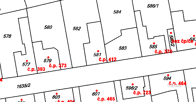 Řeporyje 412, Praha na parcele st. 581 v KÚ Řeporyje, Katastrální mapa