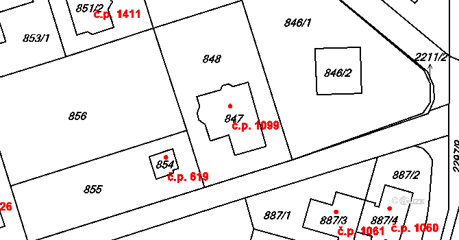 Stodůlky 1099, Praha na parcele st. 847 v KÚ Stodůlky, Katastrální mapa