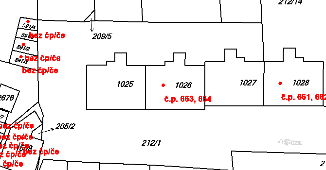Rožmitál pod Třemšínem 663,664 na parcele st. 1026 v KÚ Rožmitál pod Třemšínem, Katastrální mapa