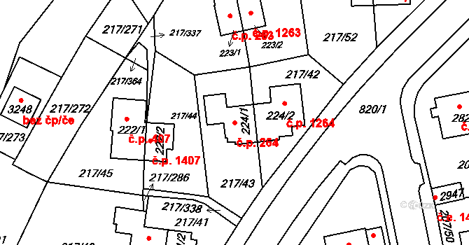 Sezimovo Ústí 264 na parcele st. 224/1 v KÚ Sezimovo Ústí, Katastrální mapa