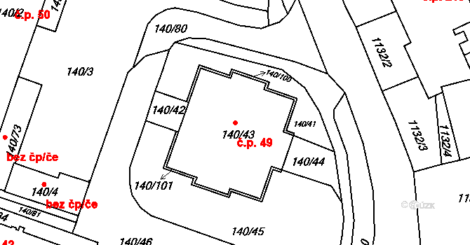 Fryštát 49, Karviná na parcele st. 140/43 v KÚ Karviná-město, Katastrální mapa