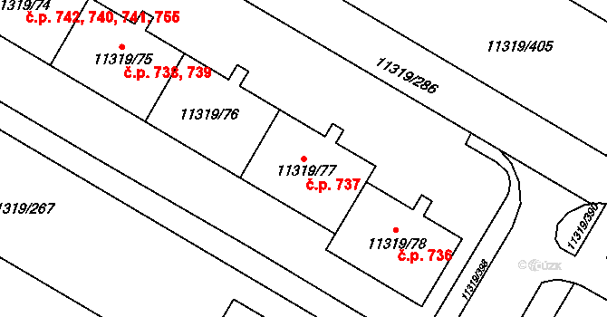 Severní Předměstí 737, Plzeň na parcele st. 11319/77 v KÚ Plzeň, Katastrální mapa