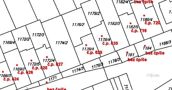 Prušánky 629 na parcele st. 1176/4 v KÚ Prušánky, Katastrální mapa