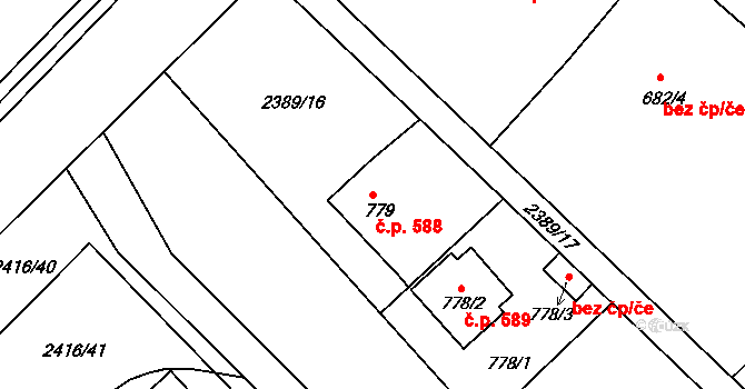 Pacov 588 na parcele st. 779 v KÚ Pacov, Katastrální mapa