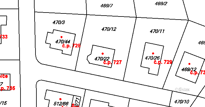 Srubec 727 na parcele st. 470/22 v KÚ Srubec, Katastrální mapa