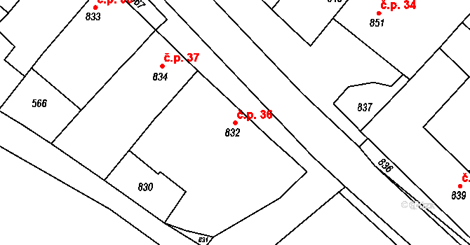 Nové Veselí 36 na parcele st. 832 v KÚ Nové Veselí, Katastrální mapa