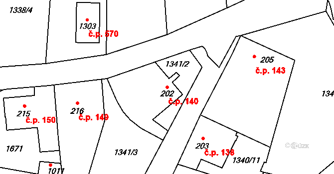 Příluky 140, Zlín na parcele st. 202 v KÚ Příluky u Zlína, Katastrální mapa