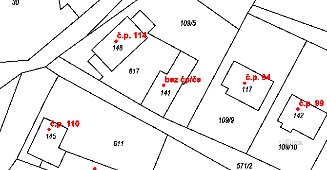 Pečice 42927102 na parcele st. 141 v KÚ Pečice, Katastrální mapa