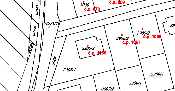 Vlčnov 1058 na parcele st. 3905/2 v KÚ Vlčnov, Katastrální mapa