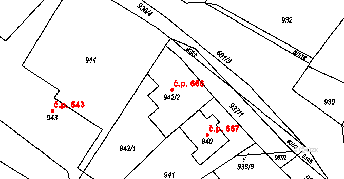 Buchlovice 666 na parcele st. 942/2 v KÚ Buchlovice, Katastrální mapa