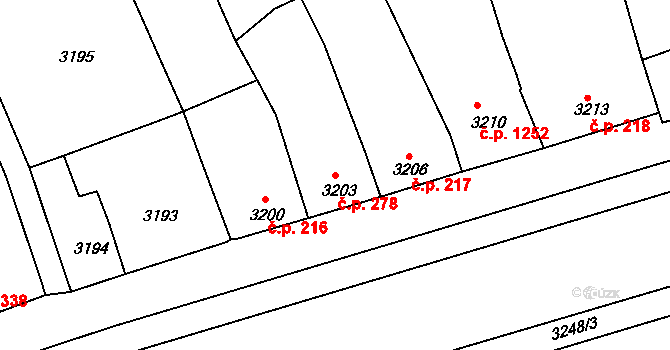 Kunovice 278 na parcele st. 3203 v KÚ Kunovice u Uherského Hradiště, Katastrální mapa