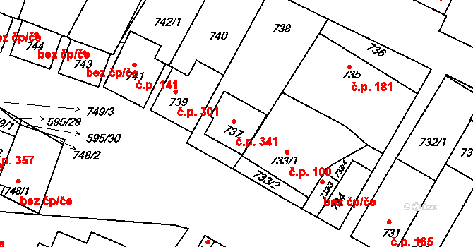 Starovičky 341 na parcele st. 737 v KÚ Starovičky, Katastrální mapa