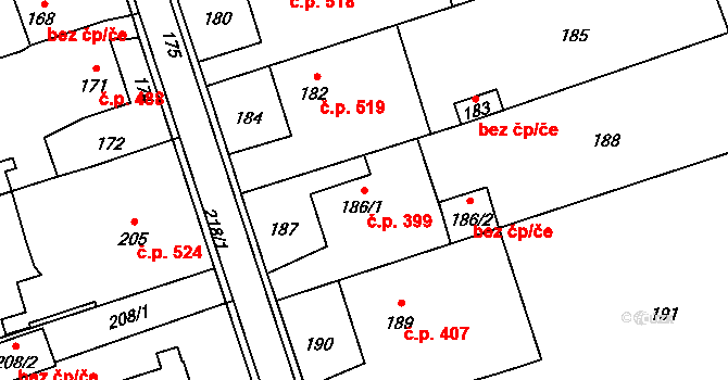 Rapotín 399 na parcele st. 186/1 v KÚ Rapotín, Katastrální mapa