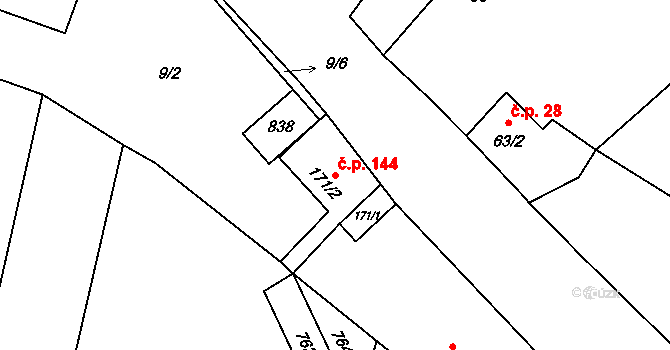 Hlavečník 144 na parcele st. 171/2 v KÚ Hlavečník, Katastrální mapa
