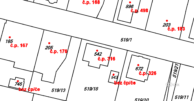 Opatovice nad Labem 316 na parcele st. 542 v KÚ Opatovice nad Labem, Katastrální mapa