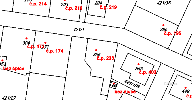 Nemošice 233, Pardubice na parcele st. 305 v KÚ Nemošice, Katastrální mapa