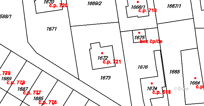 Bludov 721 na parcele st. 1672 v KÚ Bludov, Katastrální mapa
