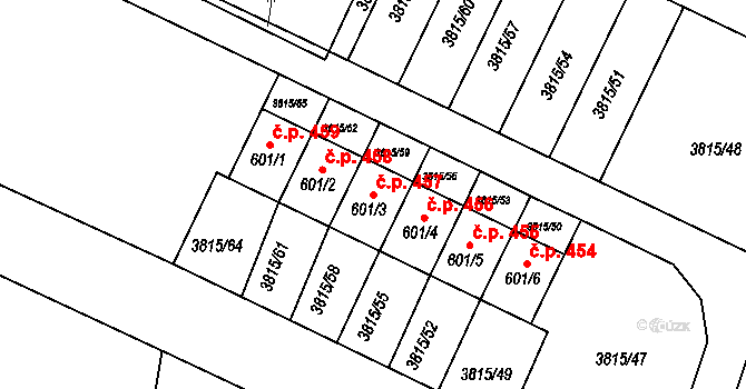 Řevničov 457 na parcele st. 601/3 v KÚ Řevničov, Katastrální mapa