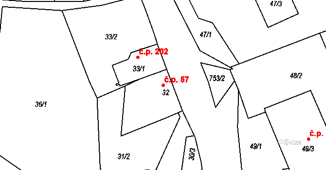 Březno 57 na parcele st. 32 v KÚ Březno u Chomutova, Katastrální mapa