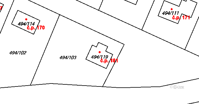 Černotín 181 na parcele st. 494/119 v KÚ Černotín, Katastrální mapa