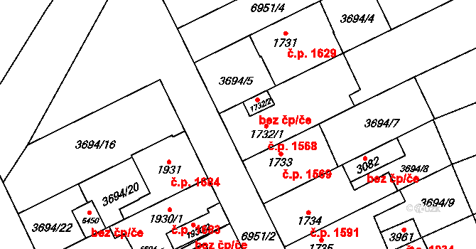 Žatec 1568 na parcele st. 1732/1 v KÚ Žatec, Katastrální mapa