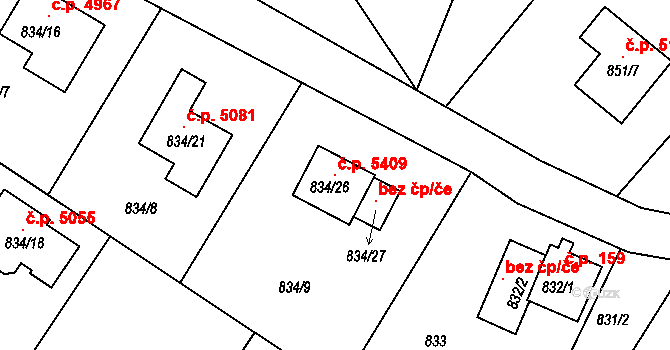 Rýnovice 5409, Jablonec nad Nisou na parcele st. 834/26 v KÚ Rýnovice, Katastrální mapa