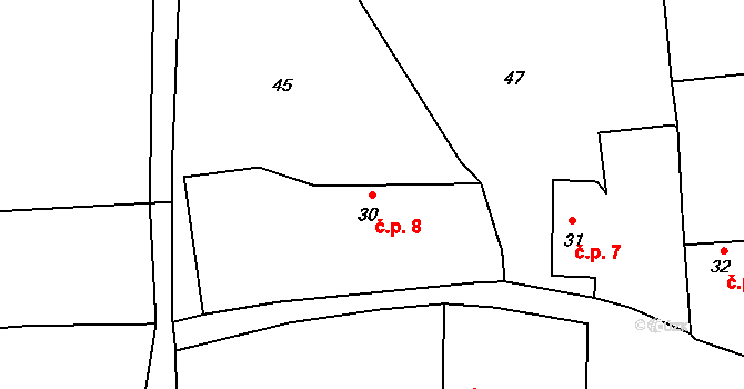 Bolkov 8 na parcele st. 30 v KÚ Bolkov u Roupova, Katastrální mapa