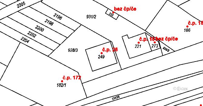 Jestřabice 26, Koryčany na parcele st. 249 v KÚ Jestřabice, Katastrální mapa