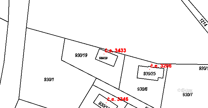 Újezd 3433, Plzeň na parcele st. 930/29 v KÚ Újezd, Katastrální mapa