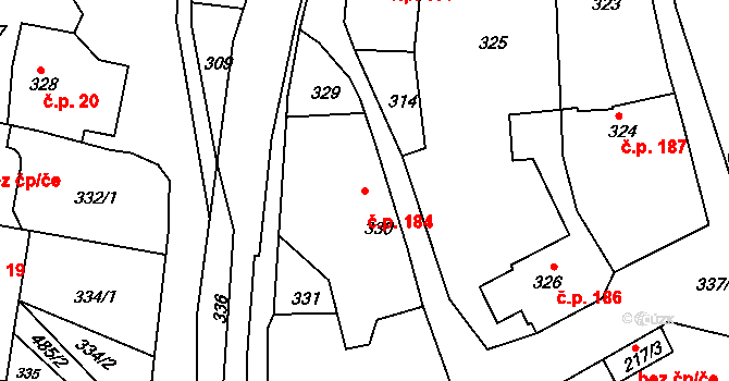 Skřípov 184 na parcele st. 330 v KÚ Skřípov, Katastrální mapa