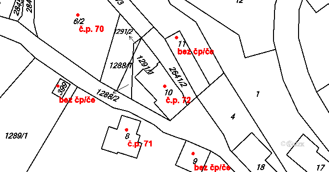 Velká Bukovina 72 na parcele st. 10 v KÚ Velká Bukovina, Katastrální mapa